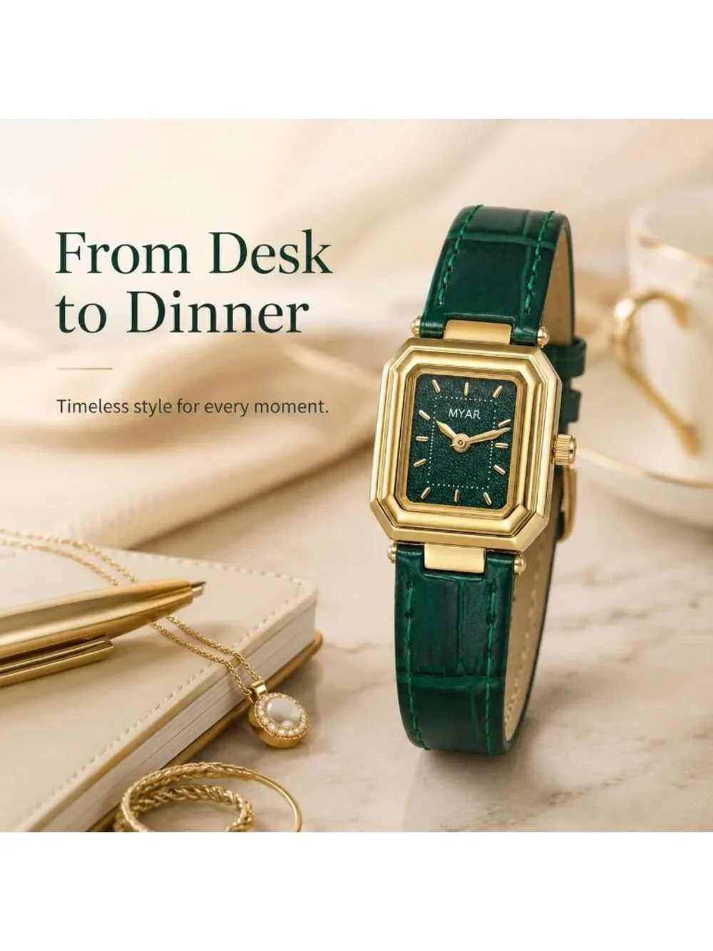 Women's Green Square Vintage Leather Strap Dress Quartz Elegant Wrist Watches